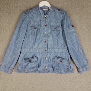 Chico's Jacket Women's 1/ Medium Chambray Lightweight Blue Peplum Utility Beach